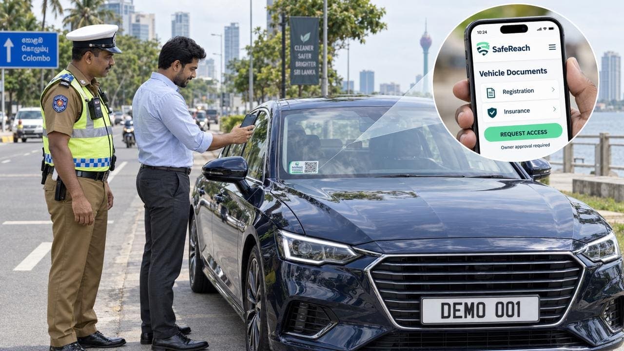 A traffic police officer stands beside a man scanning the SafeReach tag on his car's windshield, next to a phone showing a Vehicle Documents screen with a Request Access button.