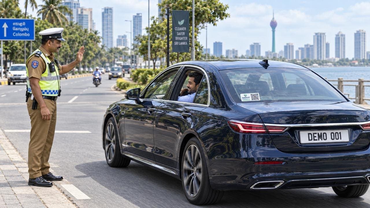The driver, cleared by the traffic officer, drives away from the roadside stop.