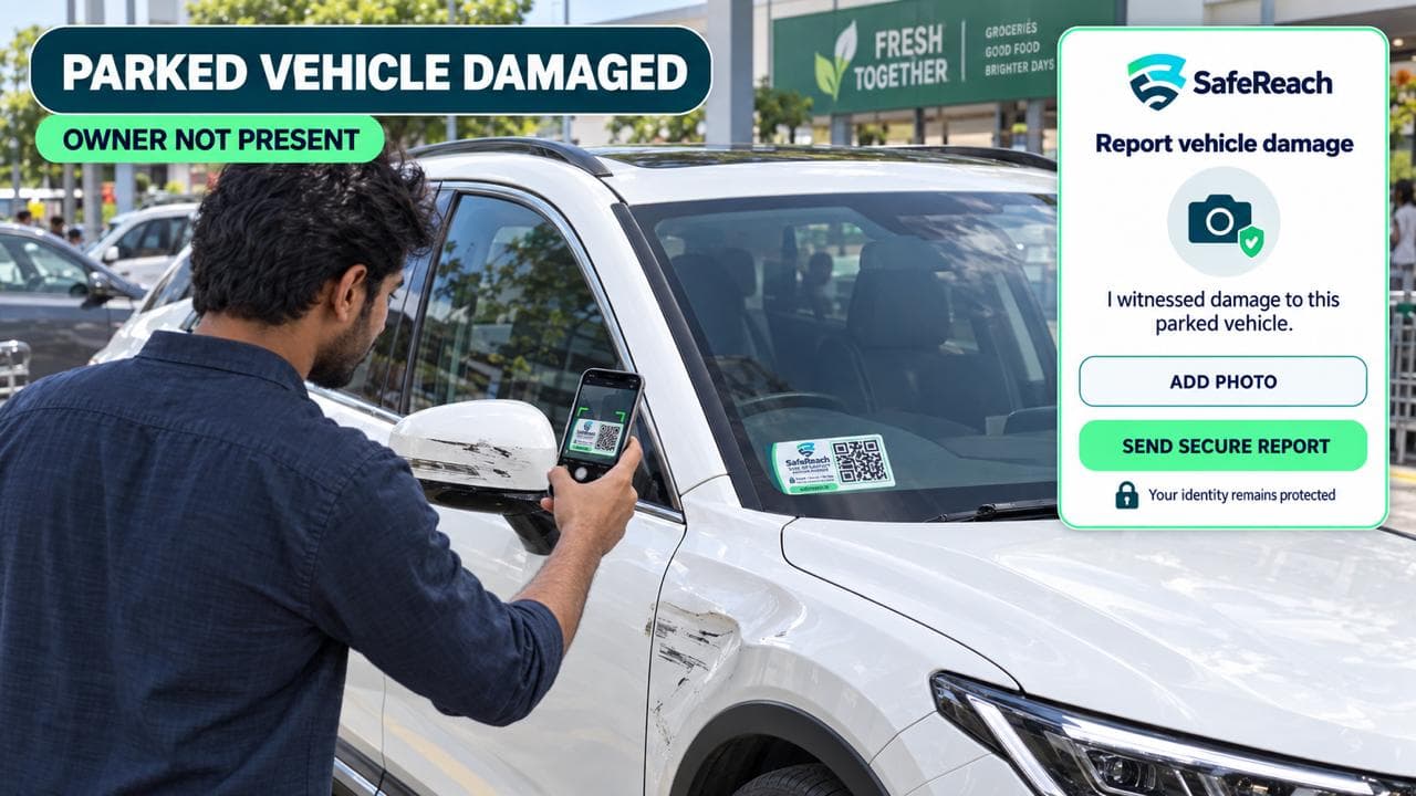 A man photographs damage to a parked vehicle's mirror with his phone, next to a screen showing a 'report vehicle damage' form with an add-photo option.
